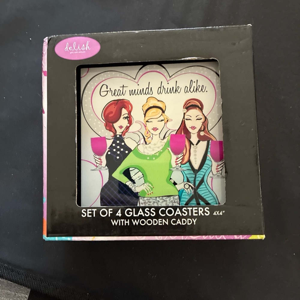 Delish Glass Coasters Set with Wooden Caddy
